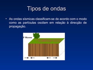 Tipos de ondas As ondas sísmicas classificam-se de acordo com o modo como as partículas oscilam em relação à direcção de propagação. 