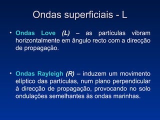 Ondas superficiais - L Ondas Love  (L)  – as partículas vibram horizontalmente em ângulo recto com a direcção de propagação. Ondas Rayleigh  (R)  – induzem um movimento elíptico das partículas, num plano perpendicular à direcção de propagação, provocando no solo ondulações semelhantes às ondas marinhas. 