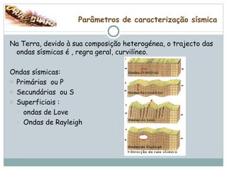 Parâmetros de caracterização sísmica Na Terra, devido à sua composição heterogénea, o trajecto das ondas sísmicas é , regra geral, curvilíneo. Ondas sísmicas: Primárias  ou P  Secundárias  ou S Superficiais :  ondas de Love Ondas de Rayleigh  
