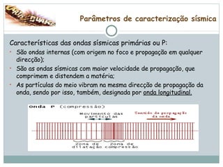 Parâmetros de caracterização sísmica Características das ondas sísmicas primárias ou P: São ondas internas (com origem no foco e propagação em qualquer direcção); São as ondas sísmicas com maior velocidade de propagação, que comprimem e distendem a matéria; As partículas do meio vibram na mesma direcção de propagação da onda, sendo por isso, também, designada por  onda longitudinal. 
