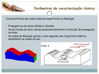Parâmetros de caracterização sísmica Características das ondas sísmicas superficiais ou Rayleigh: Propagam-se em meios sólidos e líquidos; As partículas do meio vibram perpendicularmente à direcção de propagação da onda; As ondas de Rayleigh agitam o solo segundo uma trajectória elíptica, semelhante às ondas do mar. 
