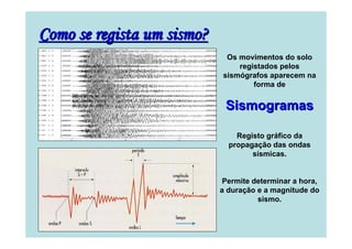 Como se regista um sismo?
Os movimentos do solo
registados pelos
sismógrafos aparecem na
forma de

Sismogramas
Registo gráfico da
propagação das ondas
sísmicas.

Permite determinar a hora,
a duração e a magnitude do
sismo.

 