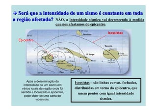 Será que a intensidade de um sismo é constante em toda
a região afectada? NÃO, a intensidade sísmica vai decrescendo à medida
que nos afastamos do epicentro.

Epicentro

Após a determinação da
intensidade de um sismo em
vários locais da região onde foi
sentido e localizado o epicentro,
pode obter-se uma carta de
isossistas.

Isossistas – são linhas curvas, fechadas,
distribuídas em torno do epicentro, que
unem pontos com igual intensidade
sísmica.

 