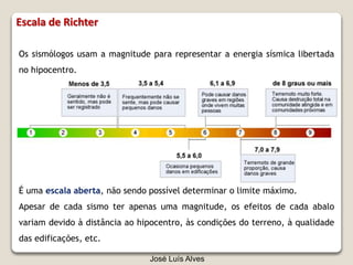 José Luís Alves
Os sismólogos usam a magnitude para representar a energia sísmica libertada
no hipocentro.
Escala de Richter
É uma escala aberta, não sendo possível determinar o limite máximo.
Apesar de cada sismo ter apenas uma magnitude, os efeitos de cada abalo
variam devido à distância ao hipocentro, às condições do terreno, à qualidade
das edificações, etc.
 