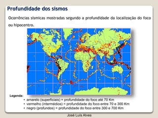 José Luís Alves
Legenda:
• amarelo (superficiais) = profundidade do foco até 70 Km
• vermelho (intermédios) = profundidade do foco entre 70 e 300 Km
• negro (profundos) = profundidade do foco entre 300 e 700 Km
Ocorrências sísmicas mostradas segundo a profundidade da localização do foco
ou hipocentro.
Profundidade dos sismos
 