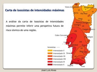 José Luís Alves
Carta de isossistas de intensidades máximas
A análise da carta de isossistas de intensidades
máximas permite inferir uma perspetiva futura de
risco sísmico de uma região.
 