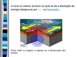 A zona no interior da terra na qual se dá a libertação de
energia designa-se por foco ou hipocentro.
Zona onde se origina a ruptura ou a deslocação das
rochas.
 