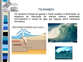 TSUNAMIS
Os tsunamis formam-se quando o fundo oceânico é deformado, na
sequência da libertação de energia sísmica, deslocando
verticalmente a coluna de água que repousa sobre ele(sismos
interplaca)
 