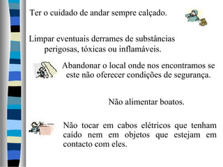 Limpar eventuais derrames de substâncias
perigosas, tóxicas ou inflamáveis.
Ter o cuidado de andar sempre calçado.
Abandonar o local onde nos encontramos se
este não oferecer condições de segurança.
Não alimentar boatos.
Não tocar em cabos elétricos que tenham
caído nem em objetos que estejam em
contacto com eles.
 