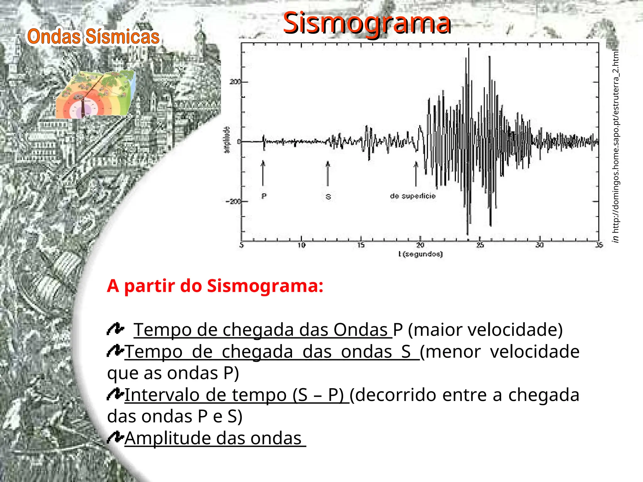 in
http://domingos.home.sapo.pt/estruterra_2.html
A partir do Sismograma:
Tempo de chegada das Ondas P (maior velocidade)
Tempo de chegada das ondas S (menor velocidade
que as ondas P)
Intervalo de tempo (S – P) (decorrido entre a chegada
das ondas P e S)
Amplitude das ondas
Sismograma
Sismograma
 