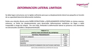 DEFORMACION LATERAL LIMITADA
Se debe lograr estructuras con la rigidez suficiente para que su desplazamiento lateral sea pequeño en función
de su capacidad lateral de deformación inelástica.
Existe una relación directa entre DAÑO ESTRUCTURAL y DESPLAZAMIENTO ESTRUCTURAL en sismos severos,
entonces, se limita los desplazamientos para desarrollar deformaciones inelásticas sin llegar a daño
irreparable o riesgo de colapso. Por otro lado, limitando la deformación lateral se preserva a los elementos
no estructurales sensibles a desplazamientos(9)
LIMITES PARA DISTORSION DEL ENTREPISO NTE.030 (10)
MATERIAL PREDOMINANTE Δi / hei
CONCRETO ARMADO 0.007
ACERO 0.01
ALBAÑILERIA 0.005
MADERA 0.01
EDIFICIOS DE CONCRETO ARMADO CON DUCTILIDAD LIMITADA 0.005
TABLA N° 11
LIMITES PARA DISTORSION DEL ENTREPISO
 