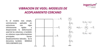VIBRACION DE VGDL: MODELOS DE
ACOPLAMIENTO CERCANO
Es el modelo más simple,
estrictamente aplicable en
estructuras con vigas
infinitamente rígidas y
despreciando la deformación
axial de las columnas, o también
en sistemas cuyas deformaciones
principales fueran
desplazamientos laterales. Se le
denomina también MODELO
TIPO CORTANTE (12)
 