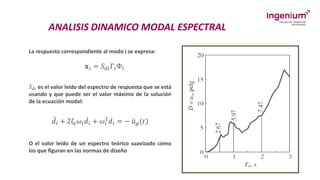 ANALISIS DINAMICO MODAL ESPECTRAL
ሷ
𝑑𝑖 + 2ζ𝑖𝜔𝑖
ሶ
𝑑𝑖 + 𝜔𝑖
2
𝑑𝑖 = − ሷ
𝑢𝑔(𝑡)
La respuesta correspondiente al modo i se expresa:
𝐱𝑖 = 𝑆𝑑𝑖Г𝑖Ф𝑖
𝑆𝑑𝑖 es el valor leído del espectro de respuesta que se está
usando y que puede ser el valor máximo de la solución
de la ecuación modal:
O el valor leído de un espectro teórico suavizado como
los que figuran en las normas de diseño
 