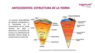 ANTECEDENTES: ESTRUCTURA DE LA TIERRA
La creciente disponibilidad
de registros sismográficos y
el crecimiento en el
conocimiento de las ondas
sísmicas dio lugar a
determinar la estructura de
la tierra y su distribución de
densidad interna desde la
corteza hasta el núcleo (3)
https://www.facebook.com/101829951647294/posts/591905182639766/
 