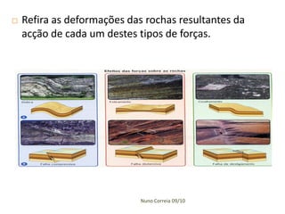 

Refira as deformações das rochas resultantes da
acção de cada um destes tipos de forças.

Nuno Correia 09/10

 