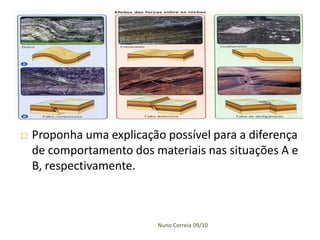 

Proponha uma explicação possível para a diferença
de comportamento dos materiais nas situações A e
B, respectivamente.

Nuno Correia 09/10

 