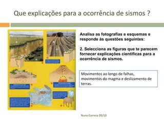 Que explicações para a ocorrência de sismos ?
Analisa as fotografias e esquemas e
responde às questões seguintes:
2. Selecciona as figuras que te parecem
fornecer explicações científicas para a
ocorrência de sismos.

Movimentos ao longo de falhas,
movimentos do magma e deslizamento de
terras.

Nuno Correia 09/10

 