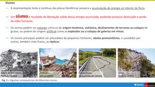 Sismos
― A movimentação lenta e contínua das placas litosféricas provoca a acumulação de energia no interior da Terra.
― Um sismoé resultado da libertação súbita dessa energia acumulada, podendo provocar destruição e perda
de vidas humanas.
― Os sismos podem ser naturais como os de origem tectónica, vulcânica, deslizamento de terrenos ou colapso de
grutas; ou podem ter origem artificial como as explosões ou o colapso de galerias em minas.
― Os sismos principais podem ser precedidos de pequenos tremores, abalos premonitórios, e sucedidos por
outros, também mais fracos, as réplicas.
Fig. 1 – Algumas consequências de diferentes sismos.
Angra do Heroísmo,
Portugal (1980)
Sichuan,
China (2008)
Canterbury,
Nova Zelândia (2016)
Izmir,
Turquia (2020)
 