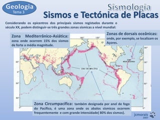 Tema 3

Sismos e Tectónica de Placas

Considerando os epicentros dos principais sismos registados durante o
século XX, podem distinguir-se três grandes zonas sísmicas a nível mundial:

Zona

Mediterrânico-Asiática:

zona onde ocorrem 15% dos sismos
de forte a média magnitude.

Zonas de dorsais oceânicas:
onde, por exemplo, se localizam os
Açores.

Zona Circumpacífica: também designada por anel de fogo
do Pacífico, é uma zona onde os abalos sísmicos ocorrem
frequentemente e com grande intensidade( 80% dos sismos).

jcmorais

2007

 