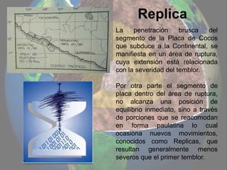 Replica
La penetración brusca del
segmento de la Placa de Cocos
que subduce a la Continental, se
manifiesta en un área de ruptura,
cuya extensión está relacionada
con la severidad del temblor.
Por otra parte el segmento de
placa dentro del área de ruptura,
no alcanza una posición de
equilibrio inmediato, sino a través
de porciones que se reacomodan
en forma paulatina lo cual
ocasiona nuevos movimientos,
conocidos como Replicas, que
resultan generalmente menos
severos que el primer temblor.
 