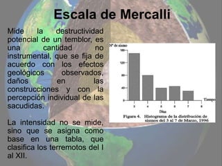 Escala de Mercalli
Mide la destructividad
potencial de un temblor, es
una cantidad no
instrumental, que se fija de
acuerdo con los efectos
geológicos observados,
daños en las
construcciones y con la
percepción individual de las
sacudidas.
La intensidad no se mide,
sino que se asigna como
base en una tabla, que
clasifica los terremotos del I
al XII.
 