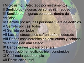 I Microsismo. Detectado por instrumentos.
II Sentido por algunas personas (En reposo)
III Sentido por algunas personas dentro de
edificios
IV Sentido por algunas personas fuera de edificios
V Sentido por casi todos
VI Sentido por todos
VII Las construcciones sufren daño moderado
VIII Daños considerables en estructuras y colapso
de edificios en mal estado
IX Daños graves y pánico general
X Destrucción en edificios bien construidos
XI Casi nada queda en pie
XII Destrucción total
 