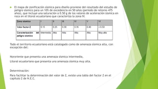  El mapa de zonificación sísmica para diseño proviene del resultado del estudio de
peligro sísmico para un 10% de excedencia en 50 años (periodo de retorno 475
años), que incluye una saturación a 0.50 g de los valores de aceleración sísmica en
roca en el litoral ecuatoriano que caracteriza la zona IV.
Todo el territorio ecuatoriano está catalogado como de amenaza sísmica alta, con
excepción del:
Nororiente que presenta una amenaza sísmica intermedia,
Litoral ecuatoriano que presenta una amenaza sísmica muy alta.
Determinación:
Para facilitar la determinación del valor de Z, existe una tabla del factor Z en el
capítulo 2 de N.E.C.
 