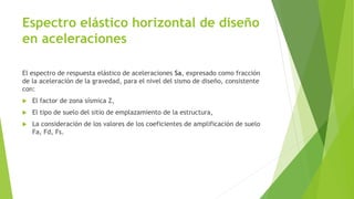 Espectro elástico horizontal de diseño
en aceleraciones
El espectro de respuesta elástico de aceleraciones Sa, expresado como fracción
de la aceleración de la gravedad, para el nivel del sismo de diseño, consistente
con:
 El factor de zona sísmica Z,
 El tipo de suelo del sitio de emplazamiento de la estructura,
 La consideración de los valores de los coeficientes de amplificación de suelo
Fa, Fd, Fs.
 