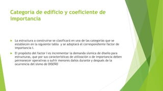Categoría de edificio y coeficiente de
importancia
 La estructura a construirse se clasificará en una de las categorías que se
establecen en la siguiente tabla y se adoptará el correspondiente factor de
importancia I.
 El propósito del factor I es incrementar la demanda sísmica de diseño para
estructuras, que por sus características de utilización o de importancia deben
permanecer operativas o sufrir menores daños durante y después de la
ocurrencia del sismo de DISEÑO
 