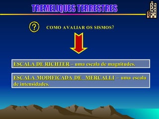ESCALA MODIFICADA DE  MERCALLI  – uma escala  de intensidades. ESCALA DE RICHTER  – uma escala de magnitudes. COMO AVALIAR OS SISMOS?        TREMELIQUES TERRESTRES 