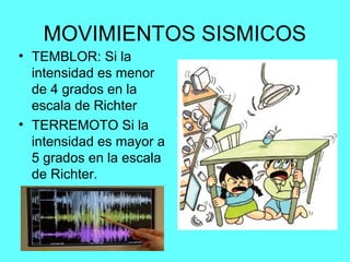 MOVIMIENTOS SISMICOS
• TEMBLOR: Si la
intensidad es menor
de 4 grados en la
escala de Richter
• TERREMOTO Si la
intensidad es mayor a
5 grados en la escala
de Richter.