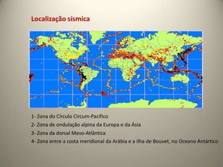 Localização sísmica




1- Zona do Círculo Circum-Pacífico
2- Zona de ondulação alpina da Europa e da Ásia
3- Zona da dorsal Meso-Atlântica
4- Zona entre a costa meridional da Arábia e a ilha de Bouvet, no Oceano Antártico
 