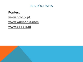 BIBLIOGRAFIA

Fontes:
www.prociv.pt
www.wikipedia.com
www.google.pt
 