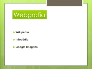 Webgrafia

   Wikipédia

   Infopédia

   Google Imagens
 