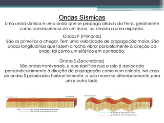 Ondas Sísmicas
Uma onda sísmica é uma onda que se propaga através da Terra, geralmente
como consequência de um sismo, ou devido a uma explosão.
Ondas P (Primarias)
São as primeiras a chegar. Tem uma velocidade de propagação maior. São
ondas longitudinais que fazem a rocha vibrar paralelamente à direção da
onda, tal como um elástico em contração.
Ondas S (Secundarias)
São ondas transversais, o que significa que o solo é deslocado
perpendicularmente à direção de propagação como num chicote. No caso
de ondas S polarizadas horizontalmente, o solo move-se alternadamente para
um e outro lado.
 