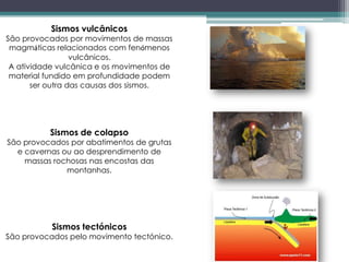 Sismos vulcânicos
São provocados por movimentos de massas
magmáticas relacionados com fenómenos
vulcânicos.
A atividade vulcânica e os movimentos de
material fundido em profundidade podem
ser outra das causas dos sismos.
Sismos de colapso
São provocados por abatimentos de grutas
e cavernas ou ao desprendimento de
massas rochosas nas encostas das
montanhas.
Sismos tectónicos
São provocados pelo movimento tectónico.
 