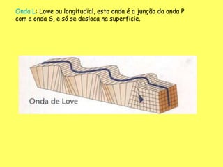 Onda L: Lowe ou longitudial, esta onda é a junção da onda P
com a onda S, e só se desloca na superficie.
 