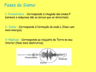 Fases do Sismo:
1- Premonitória - Corresponde à chegada das ondas P
(animais e máquinas são os únicos que os detectam).
2- Sismo - Corresponde à formação da onda L (fase com
mais energia).
3- Réplicas - Corresponde ao reajuste da Terra no seu
interior (fase mais destrutiva).
 