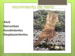 Movimiento de tierra
Alud
Derrumbes
Hundimientos
Desplazamientos
 