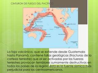 CINTURON DE FUEGO DEL PACÍFICO
La faja volcánica, que se extiende desde Guatemala
hasta Panamá, contiene fallas geológicas (fracturas de la
corteza terrestre) que al ser activadas por las fuerzas
terrestres provocan temblores sumamente destructivos en
todos los países de la región; ésta es la fuente sísmica más
perjudicial para los centroamericanos.
 