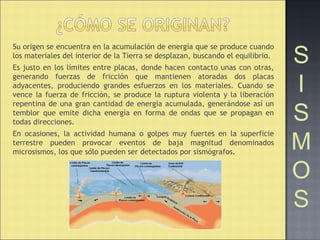 Su origen se encuentra en la acumulación de energía que se produce cuando
los materiales del interior de la Tierra se desplazan, buscando el equilibrio.
Es justo en los límites entre placas, donde hacen contacto unas con otras,
generando fuerzas de fricción que mantienen atoradas dos placas
adyacentes, produciendo grandes esfuerzos en los materiales. Cuando se
vence la fuerza de fricción, se produce la ruptura violenta y la liberación
repentina de una gran cantidad de energía acumulada, generándose así un
temblor que emite dicha energía en forma de ondas que se propagan en
todas direcciones.
En ocasiones, la actividad humana o golpes muy fuertes en la superficie
terrestre pueden provocar eventos de baja magnitud denominados
microsismos, los que sólo pueden ser detectados por sismógrafos.
S
I
S
M
O
S
 