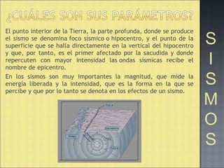 El punto interior de la Tierra, la parte profunda, donde se produce
el sismo se denomina foco sísmico o hipocentro, y el punto de la
superficie que se halla directamente en la vertical del hipocentro
y que, por tanto, es el primer afectado por la sacudida y donde
repercuten con mayor intensidad las ondas sísmicas recibe el
nombre de epicentro.
En los sismos son muy importantes la magnitud, que mide la
energía liberada y la intensidad, que es la forma en la que se
percibe y que por lo tanto se denota en los efectos de un sismo.
S
I
S
M
O
S
 