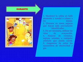 DURANTE 
1. Mantener la calma en todo 
momento y ayudar a calmar a 
los demás. 
2. Ubicarse en zonas seguras 
que hayan sido previamente 
identificadas. 
3. De ser necesario, utilizar las 
rutas de evacuación. 
4. Alejarse de ventanas, 
repisas, estantes, o cualquier 
artefacto que pueda caerse. 
5. Asegurarse de cortar los 
suministros de electricidad y 
gas. 
 