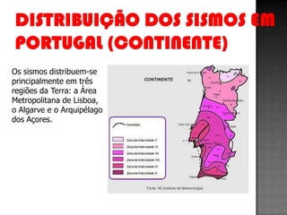 Os sismos distribuem-se
principalmente em três
regiões da Terra: a Área
Metropolitana de Lisboa,
o Algarve e o Arquipélago
dos Açores.
 