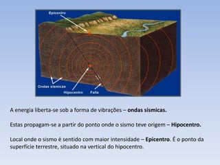 A energia liberta-se sob a forma de vibrações – ondas sísmicas.

Estas propagam-se a partir do ponto onde o sismo teve origem – Hipocentro.

Local onde o sismo é sentido com maior intensidade – Epicentro. É o ponto da
superfície terrestre, situado na vertical do hipocentro.
 