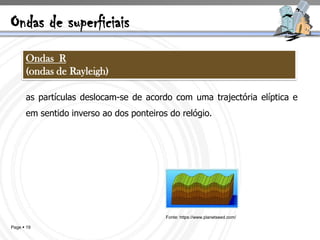 Ondas de superficiais
      Ondas R
      (ondas de Rayleigh)

      as partículas deslocam-se de acordo com uma trajectória elíptica e
      em sentido inverso ao dos ponteiros do relógio.




                                         Fonte: https://www.planetseed.com/

Page  19
 