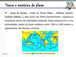 Sismos e tectónica de placas
    3º - Zonas de dorsais - Crista ou Dorsal Médio – Atlântica (Açores,
    Canárias Islândia...), bem como nas falhas transformantes, originam-se
    numerosos sismos de intensidade moderada. Estes produzem-se a uma
    profundidade, abaixo do fundo oceânico, entre 1.000 a 2.000 metros e,
    praticamente, não afectam o homem.




Page  32
 
