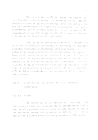 71
Con osta distribución de denos real izarnos una
^orificación de Ir3 ciudades . Se encontró que la distri,
bucion de daños en Apiño y buancarqui eran semejantes, las
que se diferenciaban de Cerine que se encuentra a noces
kilómetros, que ba. sutrido daños de ma.yor consideración;
encontrándose una diferencia grande entre estas 2 ciudades
y Corire en la distribución m?al*zsda.
Cor los datos obtenidos se realizo la figura N-9
er la nuc se señala el porcentaje de viviendas en
Ciudades ^valuadas, y cbsej'varnop ro-í} erinte una ren^j^ ’
e-'1 i;. . i-- í ■n- a<- i ■ ■ ; -- ~ de A: a
Huancarqui, si.endo su mayor incidencia la de 1 cu
escala kSK; el ma.yor porcentaje de daño en 1.a ciu(ad d~
Corine fue de 3: esto nos indica u^a atenuación en lar-
ciudades de Aplao y ;iia.nca.ni'ii con una airpii ^icación en Co
rire. A continuación ss da una descripción de na distribu_
cion de daros encontrada en las ciudades de Aplao , Huancar
cui y Corire.
7.2.2 DISTRI BU C I C N ^ S DA? E'i L S CIUDAJUSS
ESTUDIADAS
7.2.2.1 U-'LAO
El cuadro 7.2 se ha obtenido al anal izar
viviendas de adobe cor. características constructivas simila
res; en ella podemos observar como en esta ciudad un 47°ó de
las viviendas encuestadas presentan un daño de 1 er 1.a
escala, y5K ; siendo pocas las nno presentan un daño mayor.
 