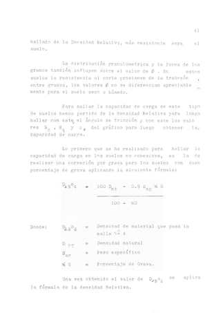 41
hallado de la Densidad Relativa, más resistente sera el
suelo.
La distribución granulómetrica y la forma de los
granos también influyen sobre el valor de 0 . En estos
suelos la resistencia al corte nrovienen de la trabazón
entre granos, los valores 0 no se diferencian apreciable
mente para el suelo seco o húmedo.
Para hallar la capacidad de carga de este tipo
de suelos hemos partido de la densidad Relativa para luego
hallar con estef el angulo de fricción y con este los valo
res Nc , 11^ y h y del gráfico para luego obtener la,
capacidad de carga.
Lo primero que se ha realizado para hallar la
capacidad de carga en los suelos no cohesivos, es la de
realizar una correción por grava para los suelo.s con buen
porcentaje de grava aplicando la siguiente fórmula:
d¿N°4 10Ü Drt - 0.9 Sag S G
100 - #G
Donde:
D FT
ar
% G
Densidad de material que pasa la
malla L- 4
Densidad natural
Peso específico
Porcentaje de Grava.
Una vez obtenido el valor de D^^o^ se aplica
la fórmula de la densidad Relativa.
 