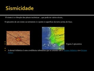 O sismo é a vibração das placas tectónicas , que pode ter vários níveis,.

O epicentro de um sismo ou terramoto é o ponto á superfície da terra acima do foco.




   Figura.1 -focu
                                                                           Figura.2 epicentros


   A dorsal Atlântica é uma cordilheira submarina que se estende sob o Oceano Atlântico e o Oceano
    Ártico
 